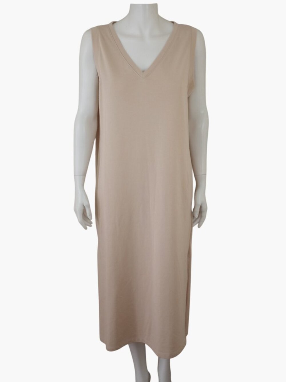 WISHLIST Beige Shift Maxi Dress Womens L V-Neck Sleeveless Split Sides